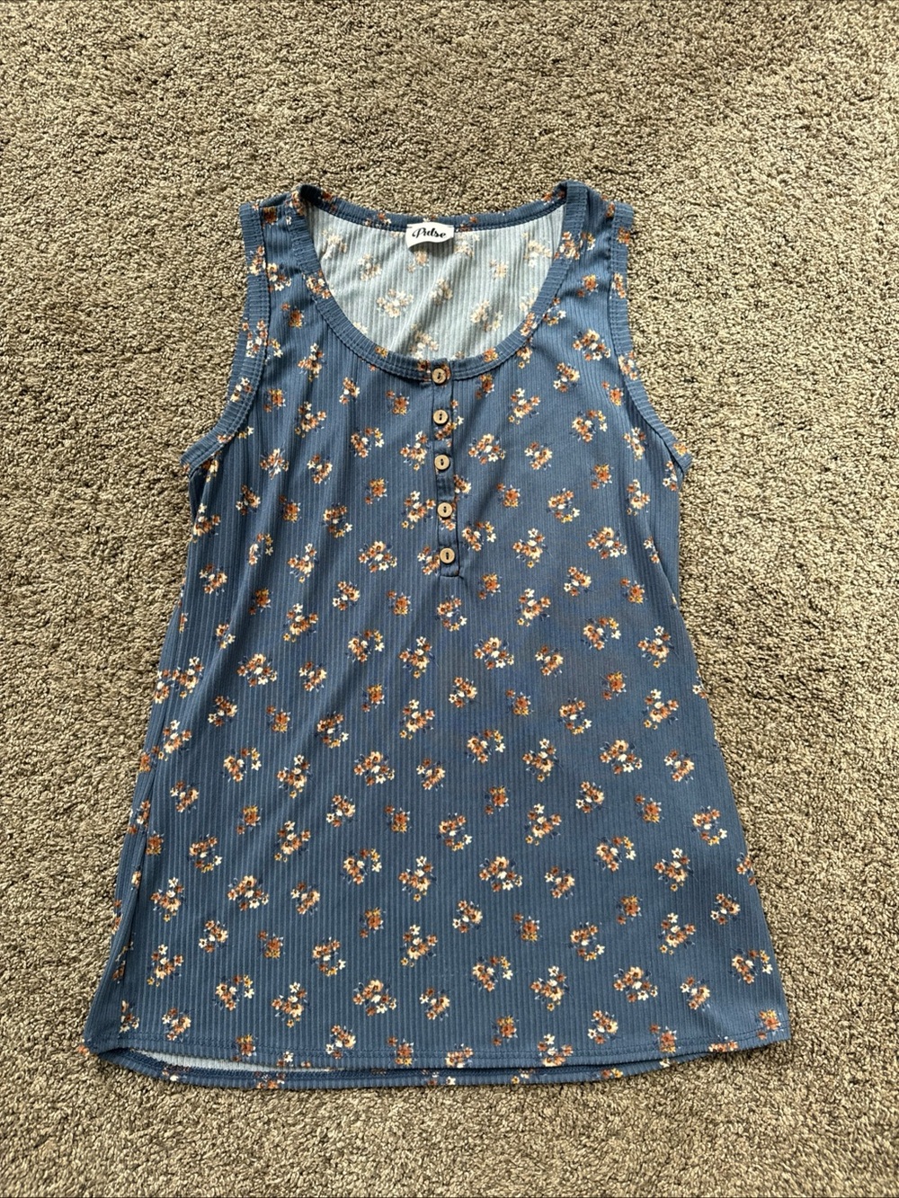 Pulse Women’s Large Blue Ribbed Floral Tank 5 Button Henley EUC